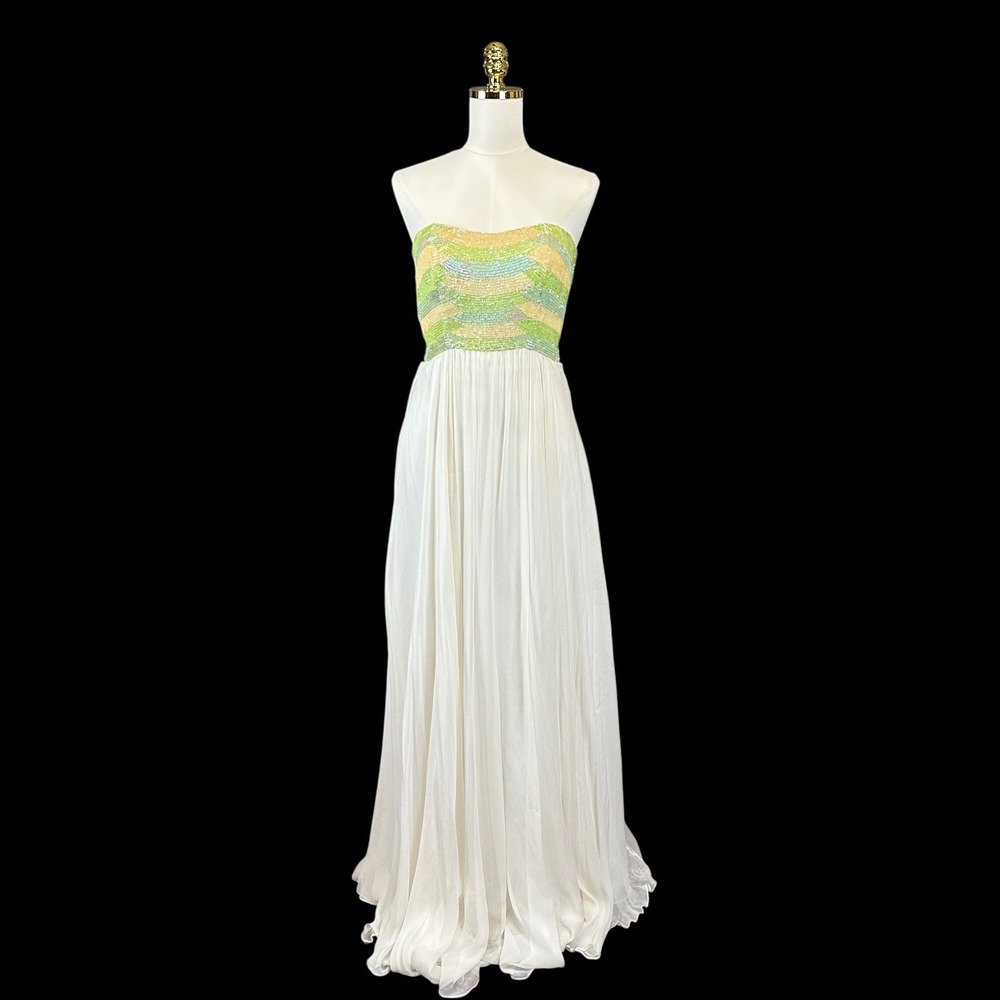 Sherri Hill 6 White Silk Beaded Strapless Gown Open Back Prom Pageant Dress - Picture 4 of 11